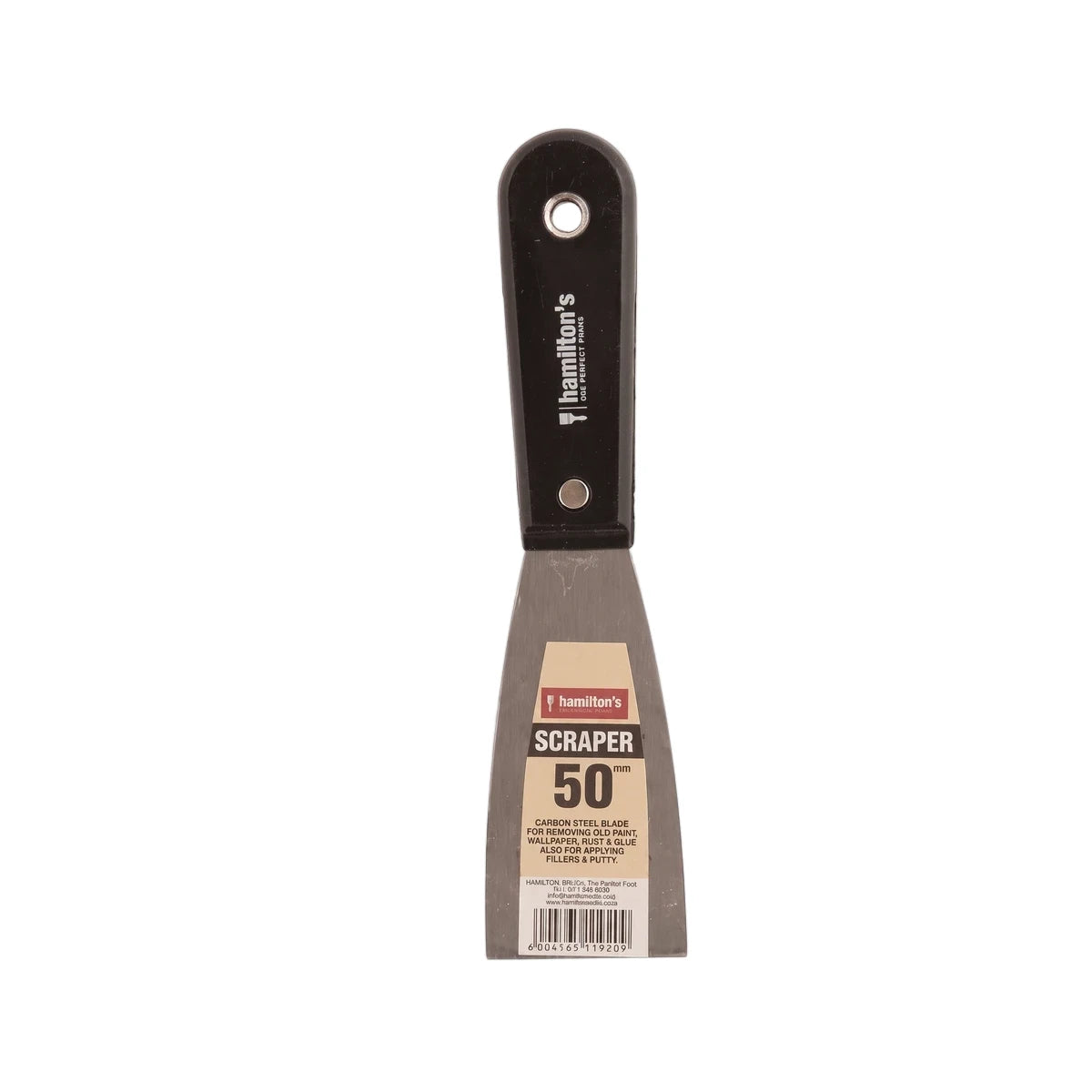Hamilton's 50mm paint scraper featuring a black handle and a durable stainless steel blade, ideal for various scraping tasks.