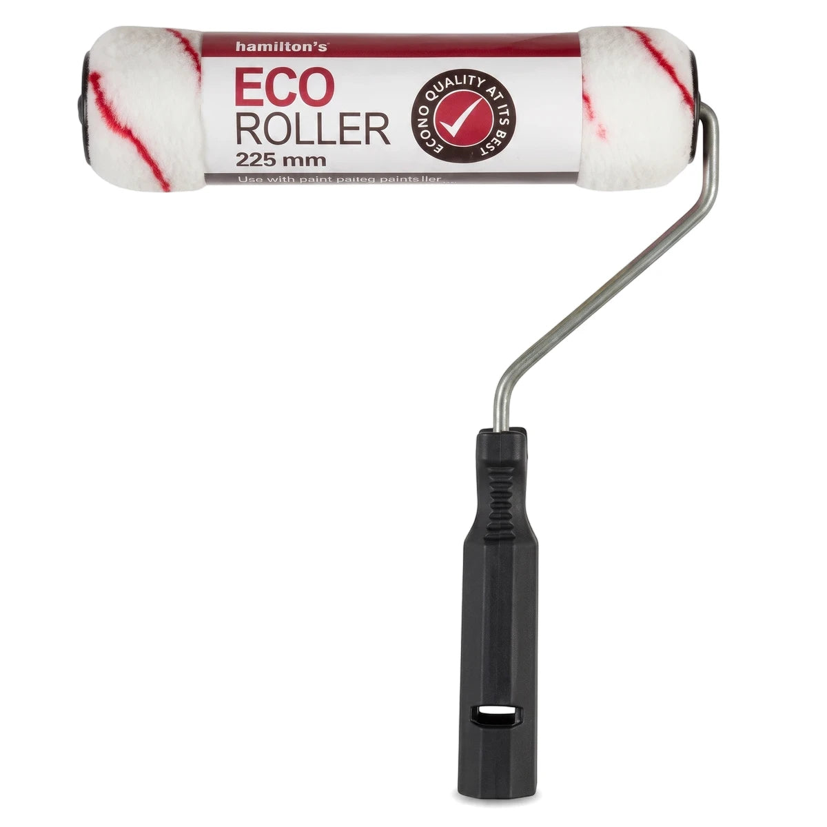 Hamilton's Eco Roller 225 mm paint roller with a white and red striped nap, a silver metal frame, and a black ergonomic