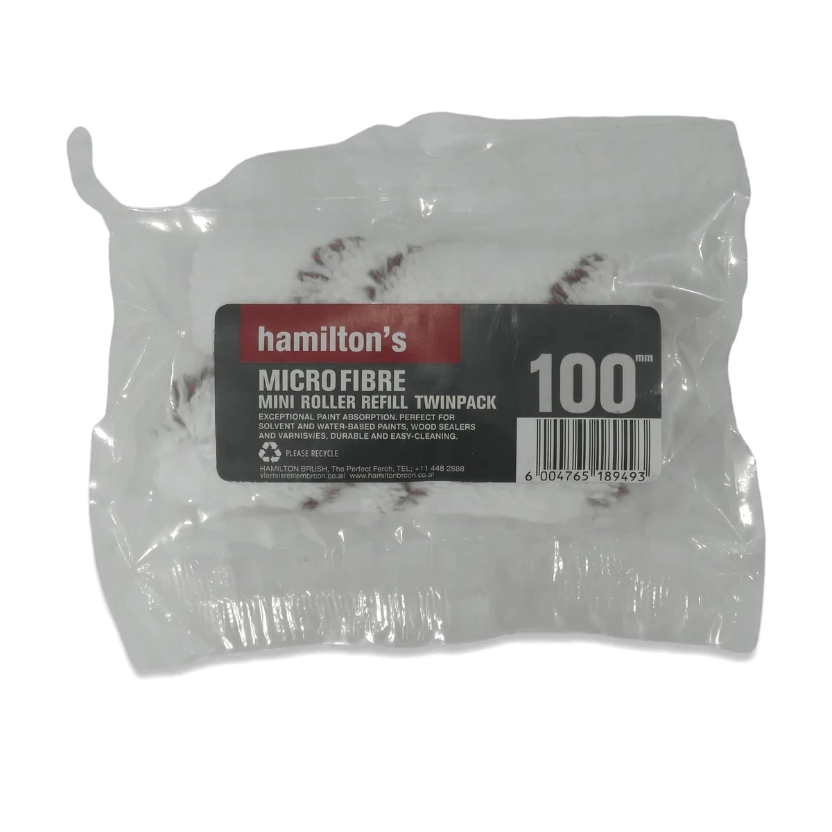 Hamilton's Microfibre 100mm paint roller refill twinpack, sealed in clear plastic packaging, for various paints.