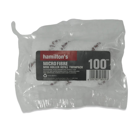 Hamilton's Microfibre 100mm paint roller refill twinpack, sealed in clear plastic packaging, for various paints.