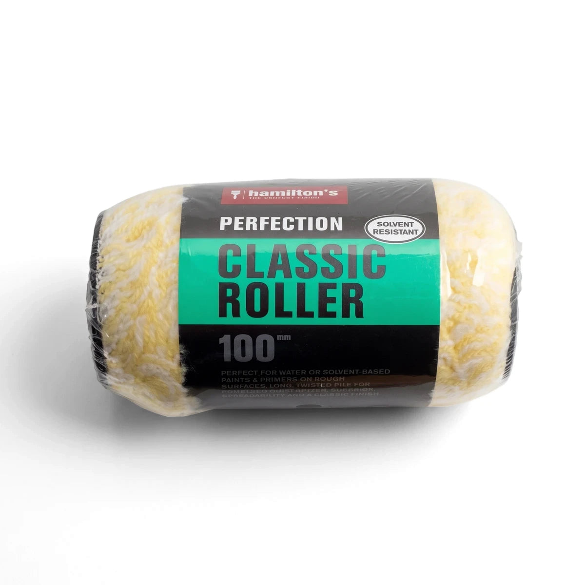 Hamilton's Perfection 100mm Classic Roller Refill with yellow and white fuzzy pile, solvent resistant, in packaging.