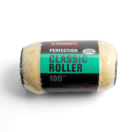 Hamilton's Perfection 100mm Classic Roller Refill with yellow and white fuzzy pile, solvent resistant, in packaging.