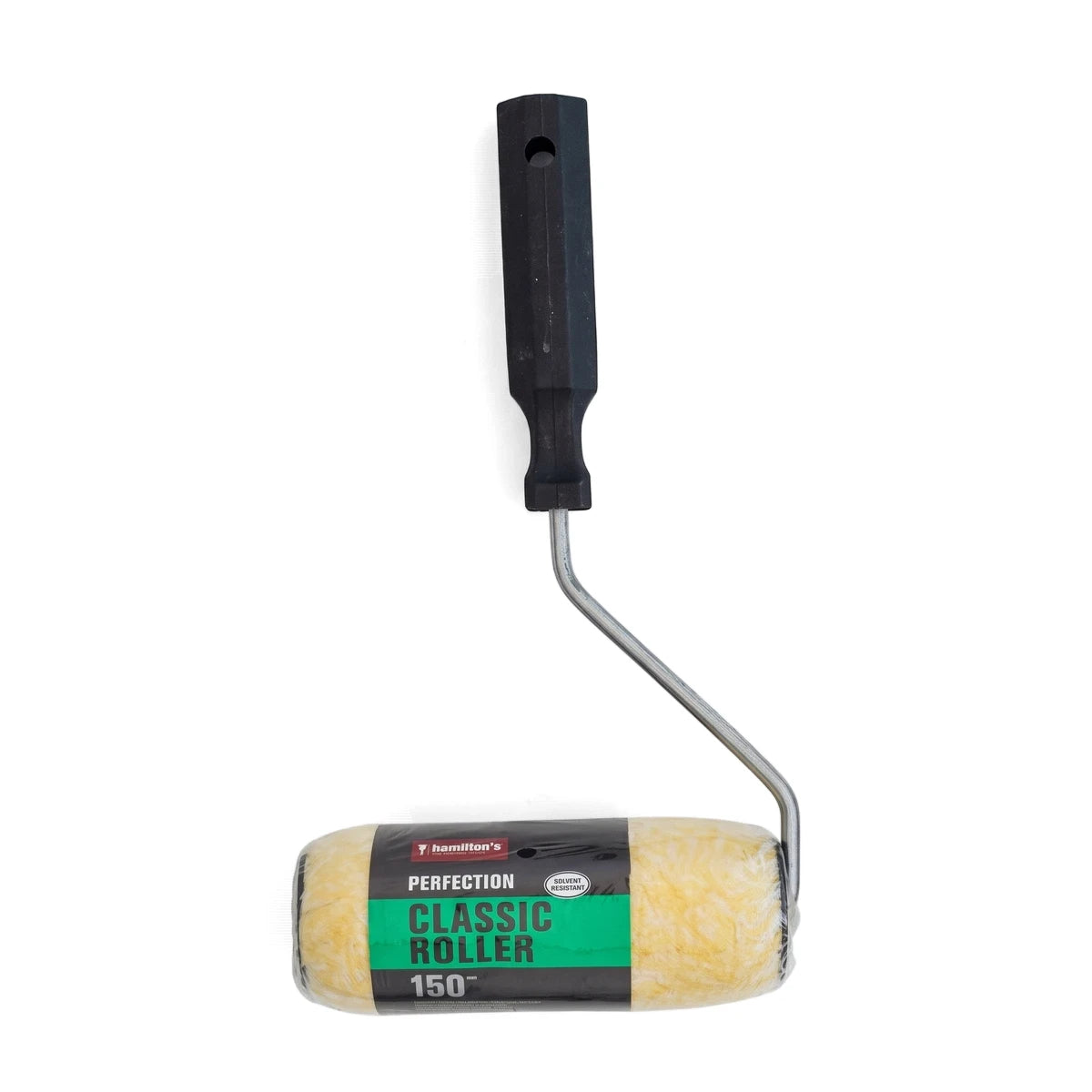 Hamilton's Perfection Classic Roller 150mm paint roller with a yellow sleeve and black handle, shown upright on white