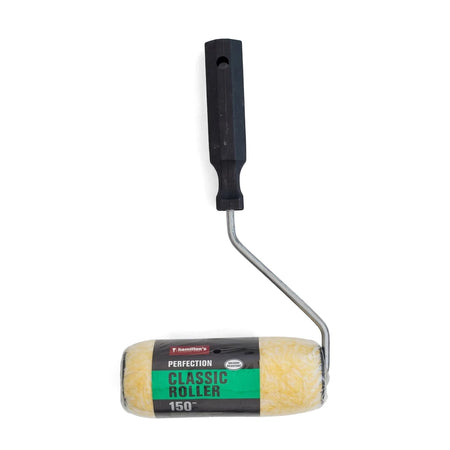 Hamilton's Perfection Classic Roller 150mm paint roller with a yellow sleeve and black handle, shown upright on white