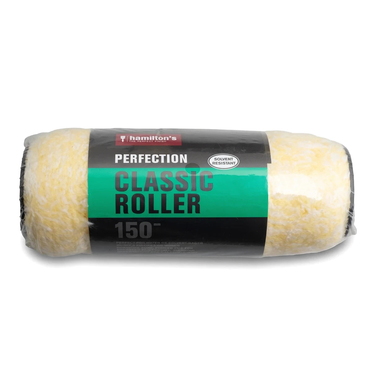 Hamilton's Perfection Classic Roller 150mm refill in black and green packaging, featuring a yellow and white fuzzy paint
