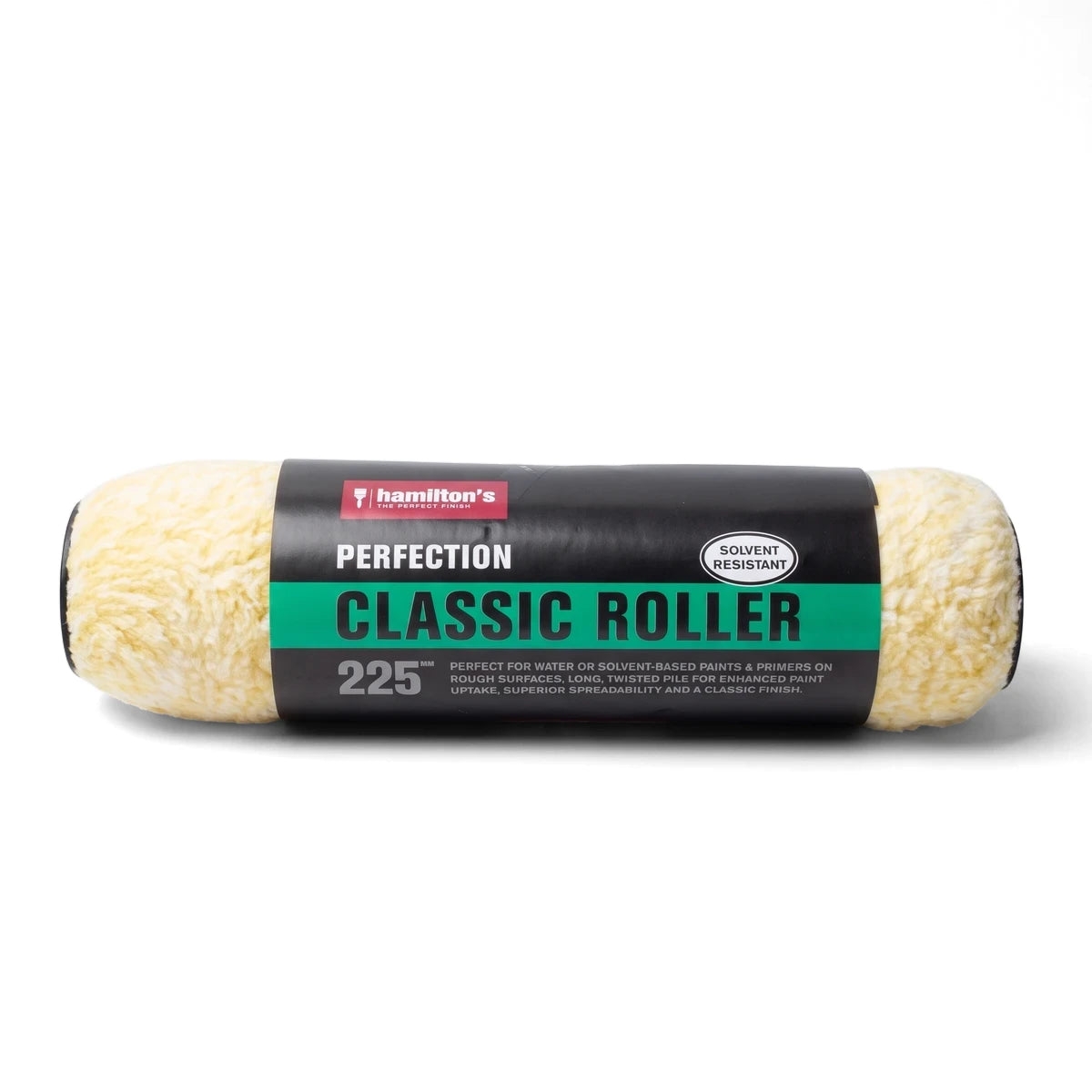 Hamilton's Perfection Classic Roller Refill 225mm, a yellow and black paint roller for water or solvent-based paints and