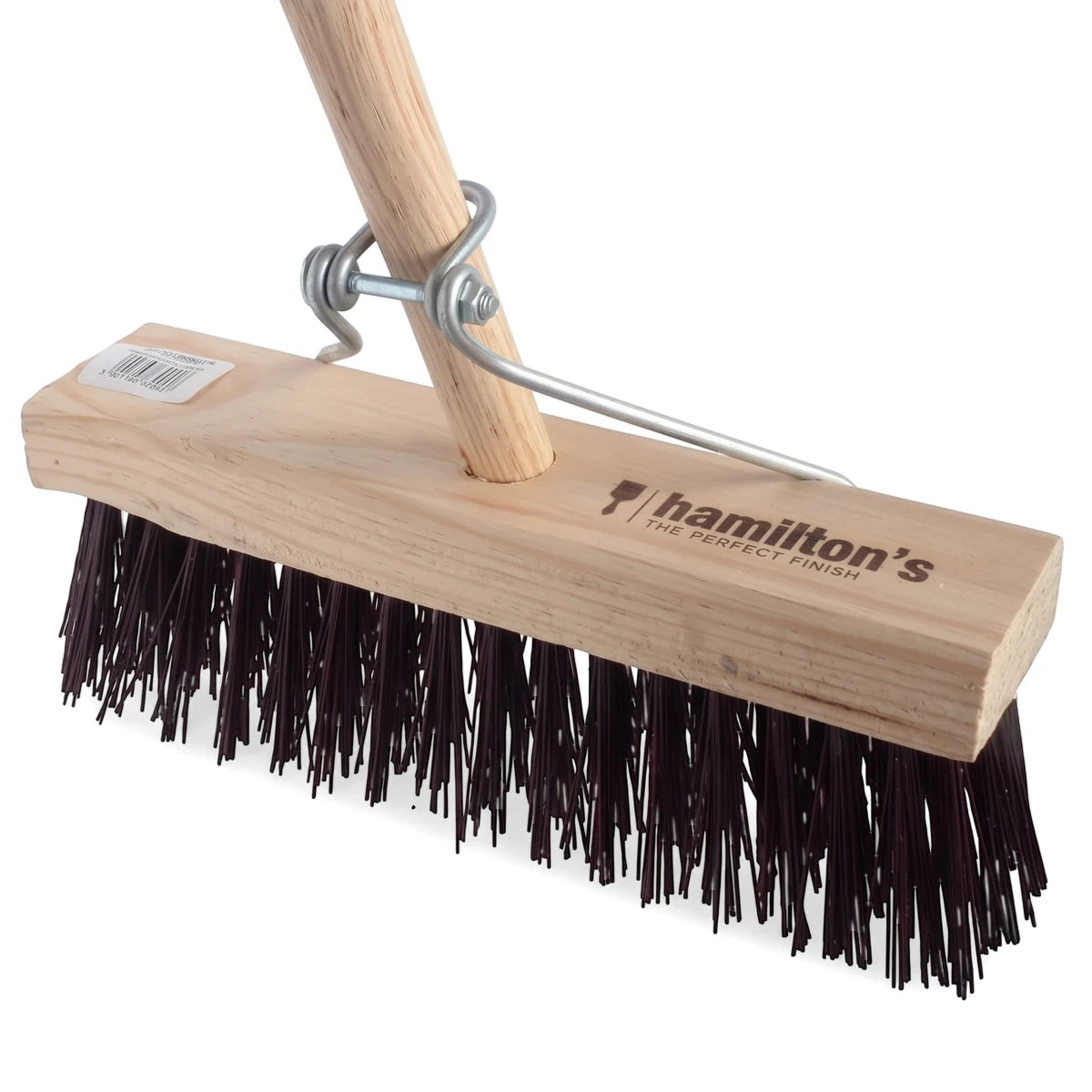 A close-up of a Hamilton's platform broom featuring a light wooden head with dark synthetic bristles and a metal handle