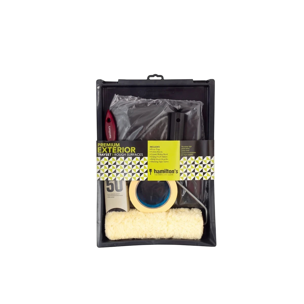 Hamilton's Premium Exterior Roller Tray Set for rough surfaces, featuring a paint tray, roller, brush, masking tape, and