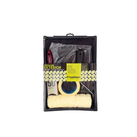 Hamilton's Premium Exterior Roller Tray Set for rough surfaces, featuring a paint tray, roller, brush, masking tape, and