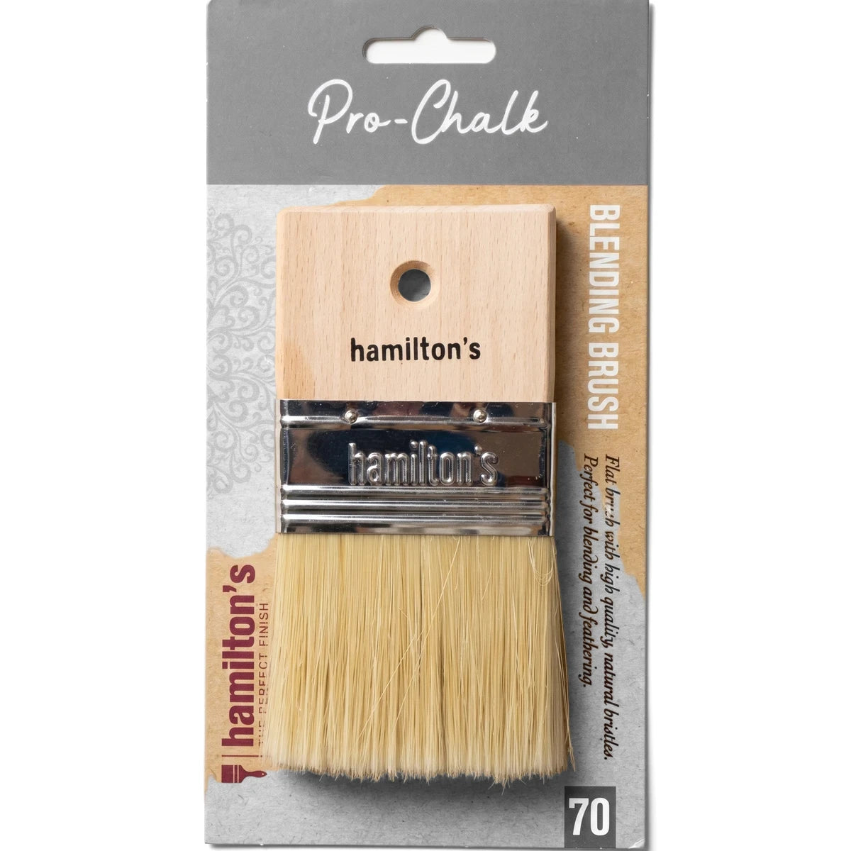 Hamilton's Pro-Chalk Blending Brush 70mm, a flat paint brush with natural bristles in brown and blue retail packaging.