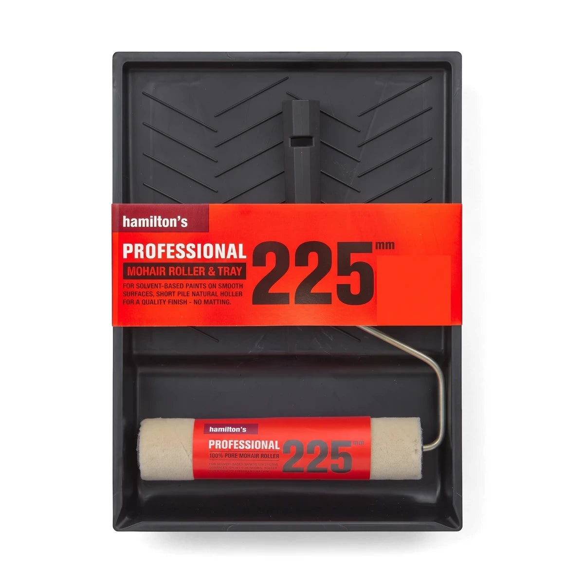 Hamilton's Professional 225mm mohair paint roller and tray set, featuring a beige roller, metal frame, and black paint tray.