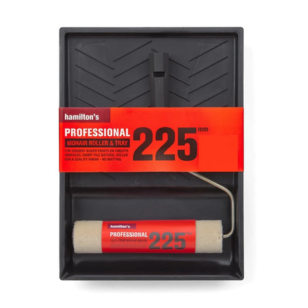 Hamilton's Professional 225mm mohair paint roller and tray set, featuring a beige roller, metal frame, and black paint tray.