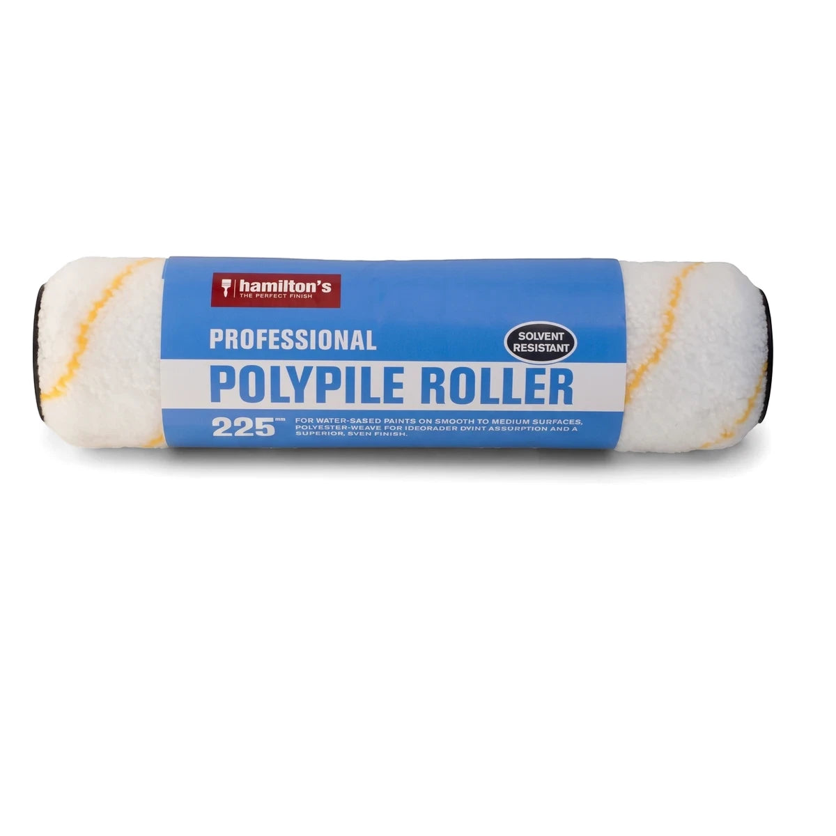 Hamilton's Professional 225mm Polypile Roller refill for water-based paints, solvent resistant, white with yellow stripes