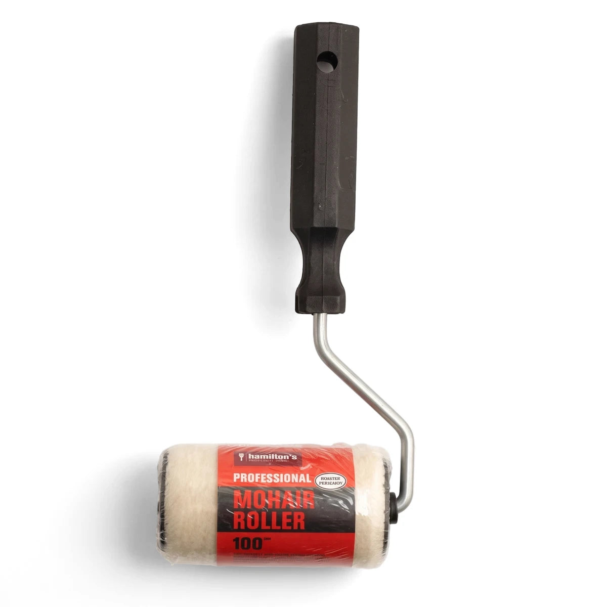 A Hamilton's Professional Complete Mohair Roller with a black handle and 100mm roller cover, wrapped in clear plastic.