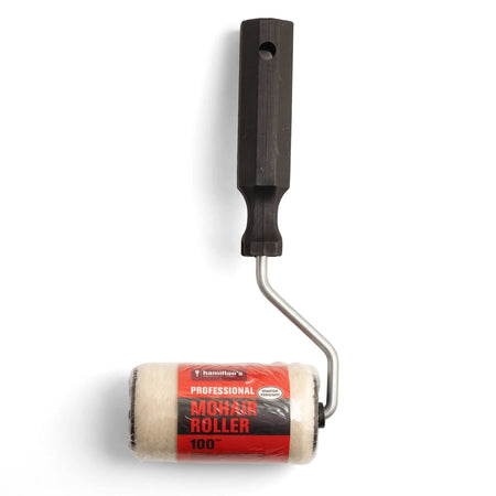 A Hamilton's Professional Complete Mohair Roller with a black handle and 100mm roller cover, wrapped in clear plastic.