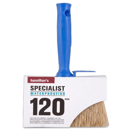 Hamilton's Specialist Waterproofing brush 120mm with blue handle and natural bristles.
