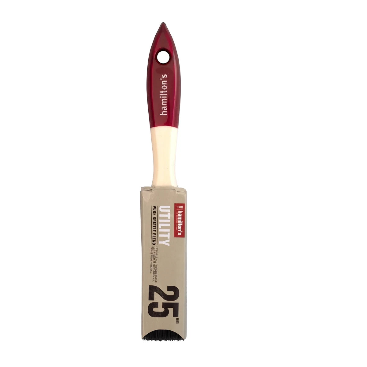 Hamilton's Utility Pure Bristle Paint Brush 25mm with a red handle and gray packaging for various painting tasks.