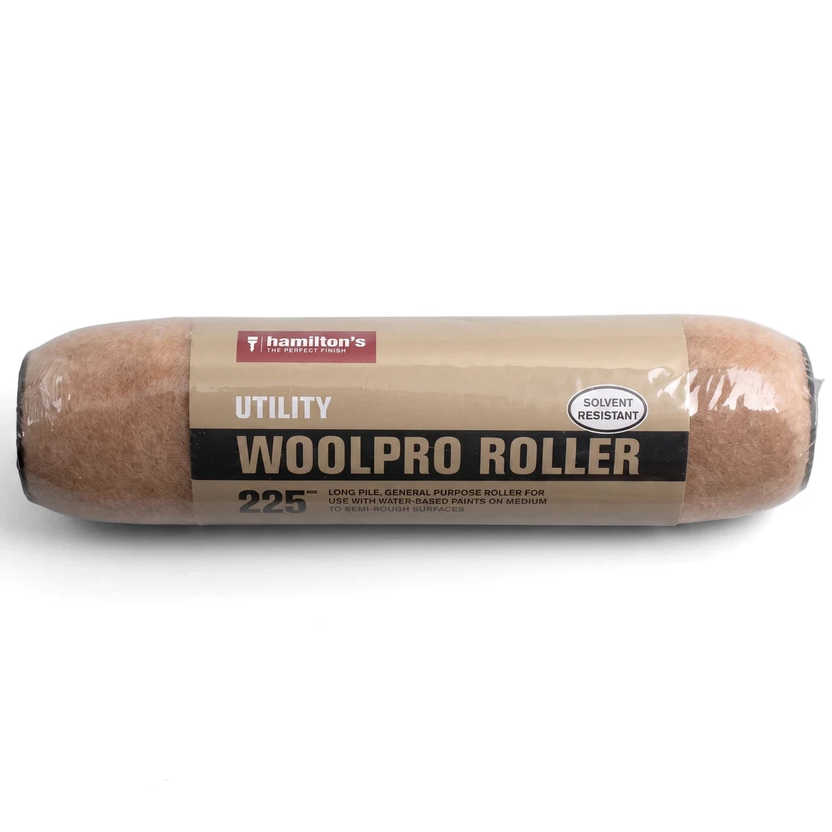 Hamilton's Utility Woolpro Refill 225mm long pile paint roller, tan-brown and solvent resistant.