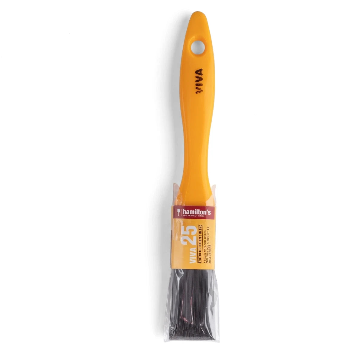Hamilton's Viva 25 synthetic bristle paint brush with an orange handle, shown vertically in its clear plastic packaging.