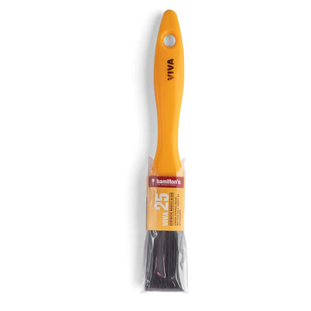 Hamilton's Viva 25 synthetic bristle paint brush with an orange handle, shown vertically in its clear plastic packaging.