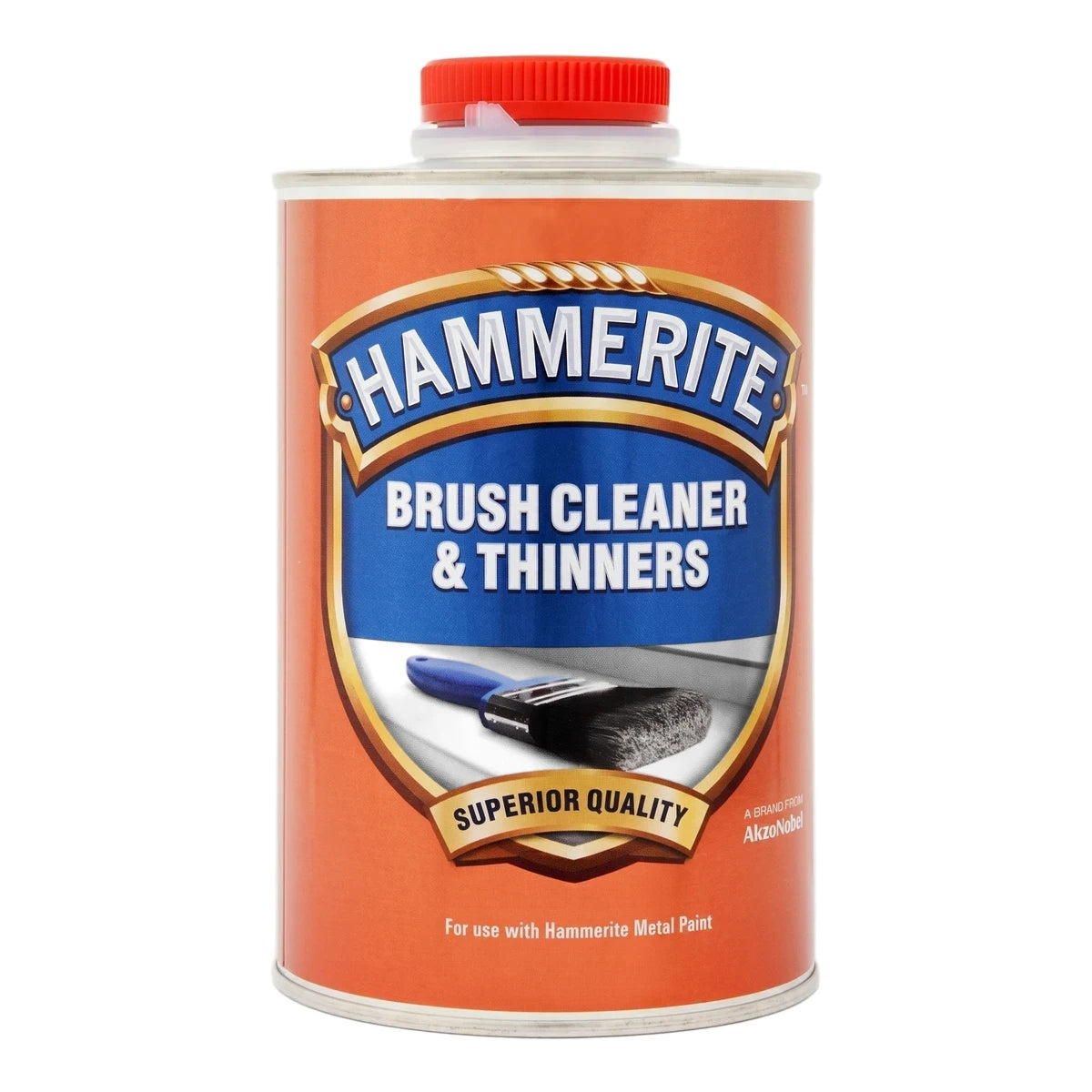 Hammerite 500ml Brush Cleaner & Thinners in an orange and blue metal can, designed for metal paint.