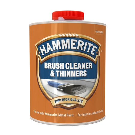 Hammerite Brush Cleaner and Thinners, a 1-liter orange metal can with a blue label and red cap, photographed in a studio.