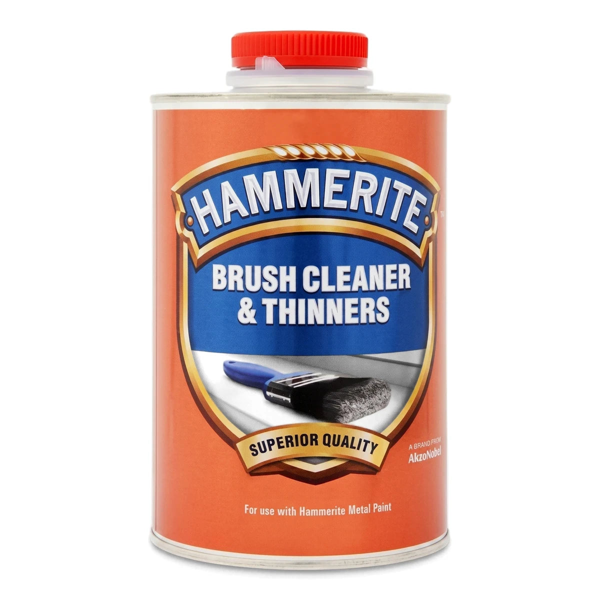 Hammerite Brush Cleaner & Thinners 5L can with a red cap, designed for cleaning brushes and thinning metal paint.