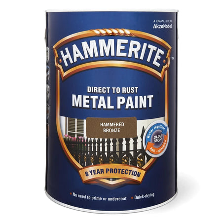 Hammerite Direct to Rust Metal Paint, 5-liter can, in a hammered bronze finish with a deep blue label.