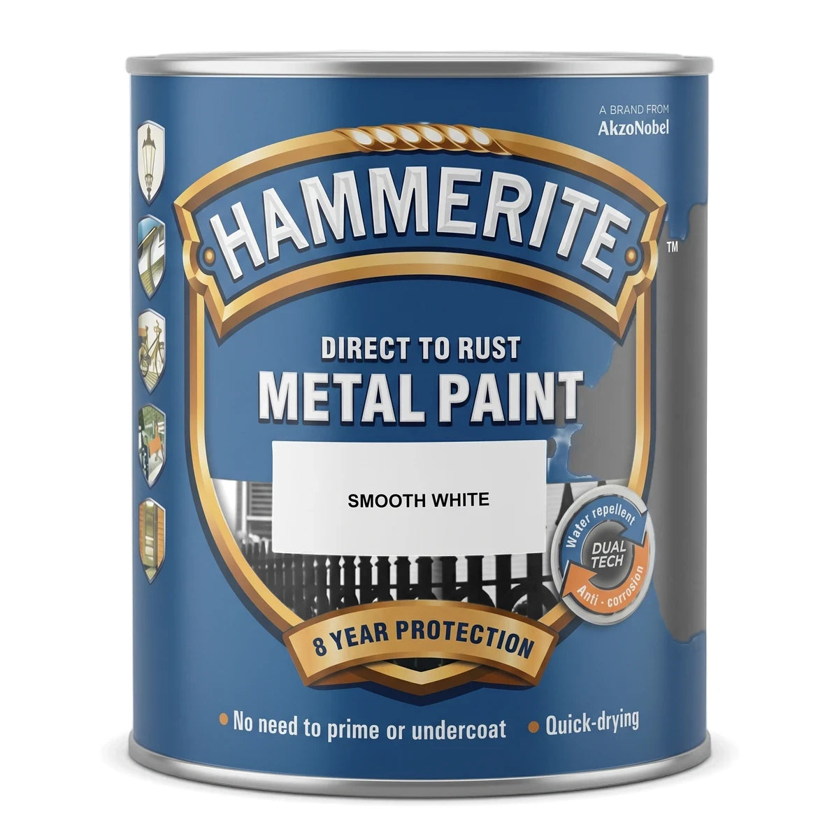 Hammerite Direct to Rust metal paint, 5L can, in Smooth White color. Provides 8 year protection, no need to prime or