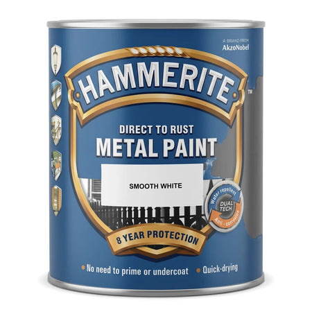 Hammerite Direct to Rust metal paint, 5L can, in Smooth White color. Provides 8 year protection, no need to prime or