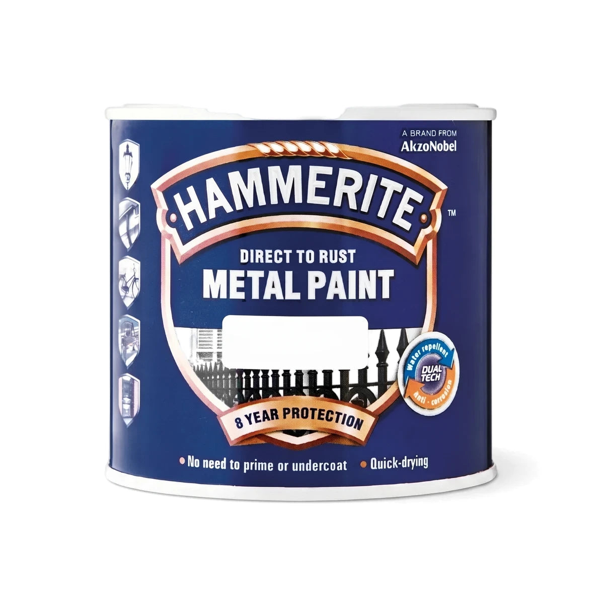 Hammerite Direct to Rust Metal Paint, Dtr Sb Smooth Silver 5L, in a blue can with white and red branding, displayed on a