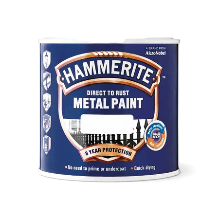Hammerite Direct to Rust Metal Paint, Dtr Sb Smooth Silver 5L, in a blue can with white and red branding, displayed on a