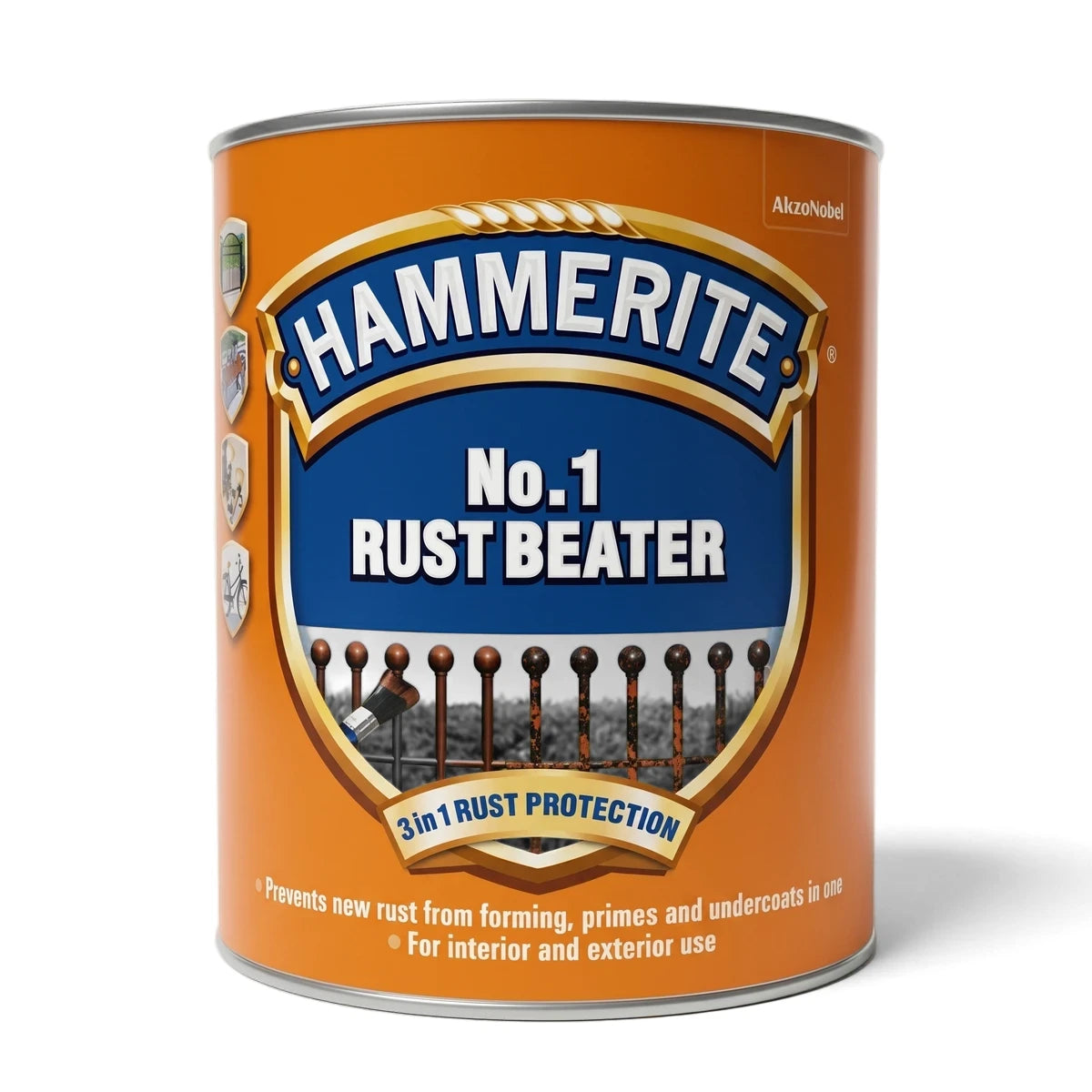 Orange Hammerite No.1 Rust Beater 3-in-1 rust protection paint can with a blue label, 1L size, for interior and exterior use.