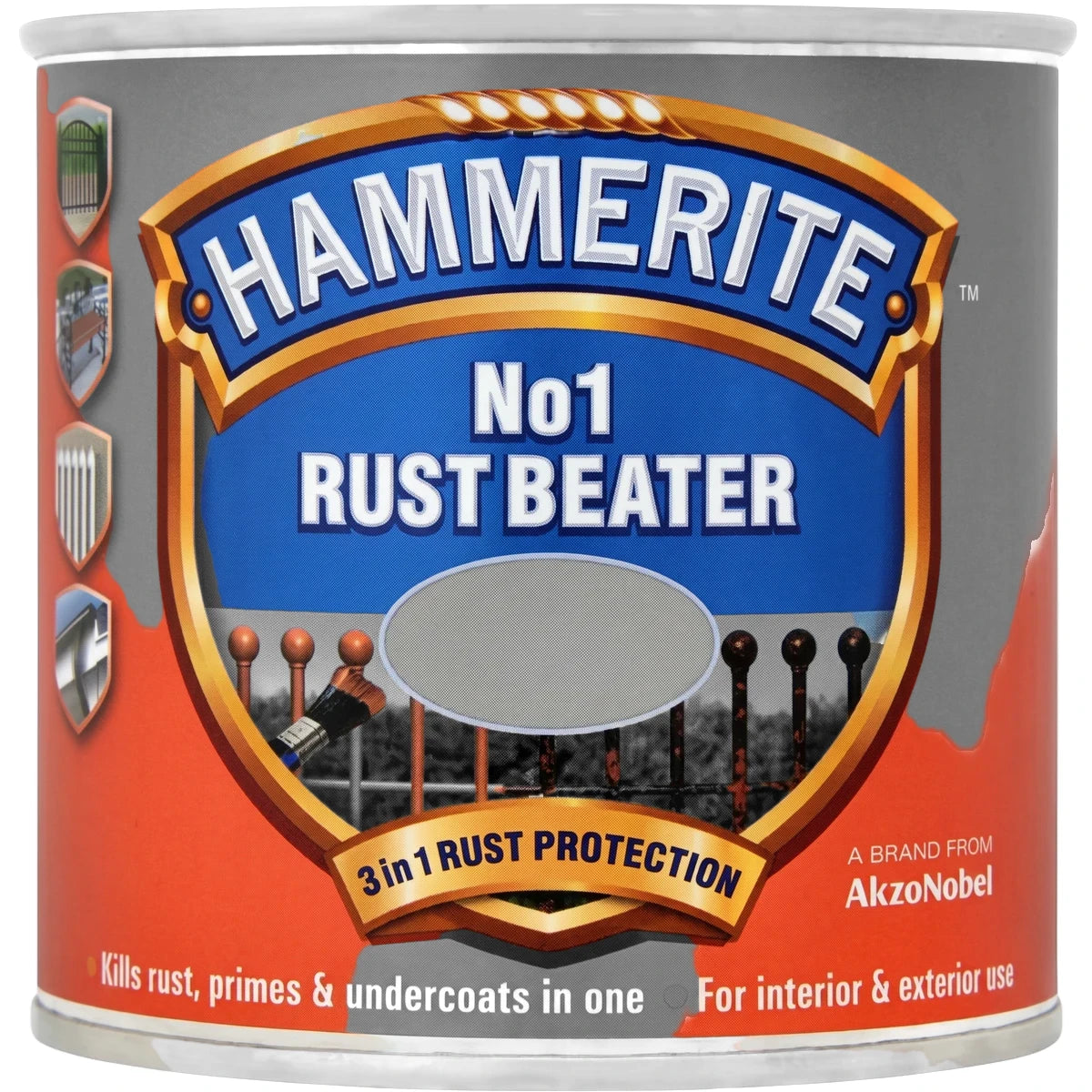 Hammerite No1 Rust Beater rust remover in a red metal can, offering 3-in-1 rust protection for interior and exterior use.