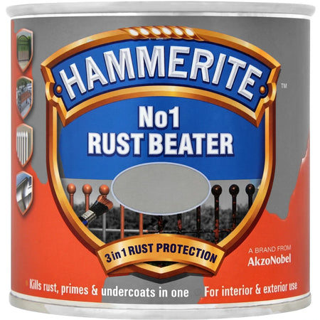 Hammerite No1 Rust Beater rust remover in a red metal can, offering 3-in-1 rust protection for interior and exterior use.