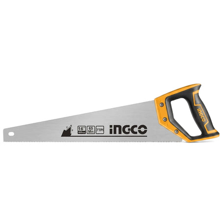 Hand Saw 7 Tpi - 400mm with a silver blade and an ergonomic orange and black handle for woodworking tasks.