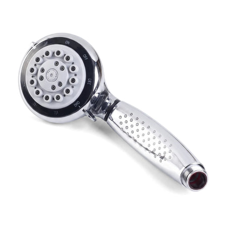 Chrome hand shower with a round, multi-setting head and an ergonomic clear handle, shown angled against a white background.