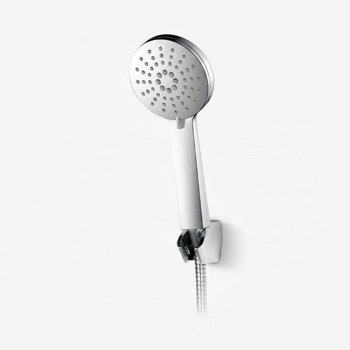 Chrome hand shower set with a round multi-spray shower head and flexible metal hose. Wall-mounted shower fixture.