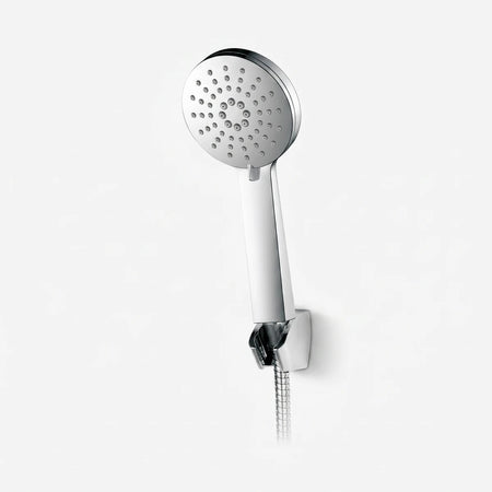 Chrome hand shower set with a round multi-spray shower head and flexible metal hose. Wall-mounted shower fixture.