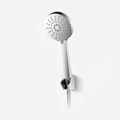 Chrome hand shower set with a round multi-spray shower head and flexible metal hose. Wall-mounted shower fixture.