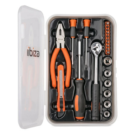 22-piece handy tool kit in an open transparent box, displaying orange-handled pliers, a screwdriver, a ratchet, and various