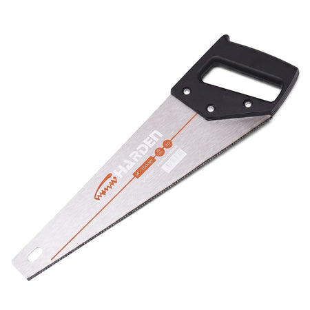 A Harden 14-inch (350mm) plastic water pipe saw with a silver metal blade and a black plastic handle, shown angled on a