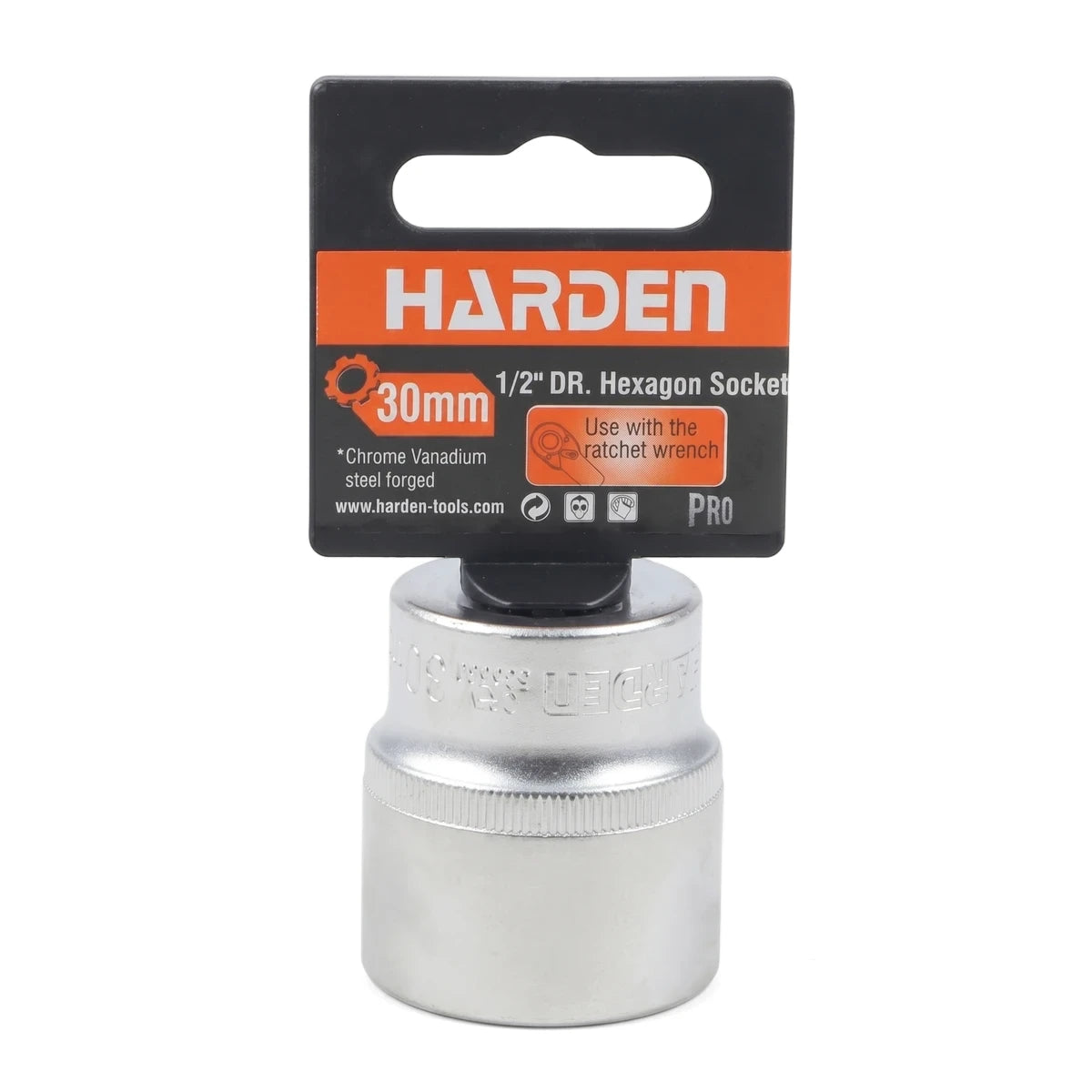 A 30mm 1/2-inch drive 6-point hexagon socket made from chrome vanadium steel, silver in color, displayed with its black and