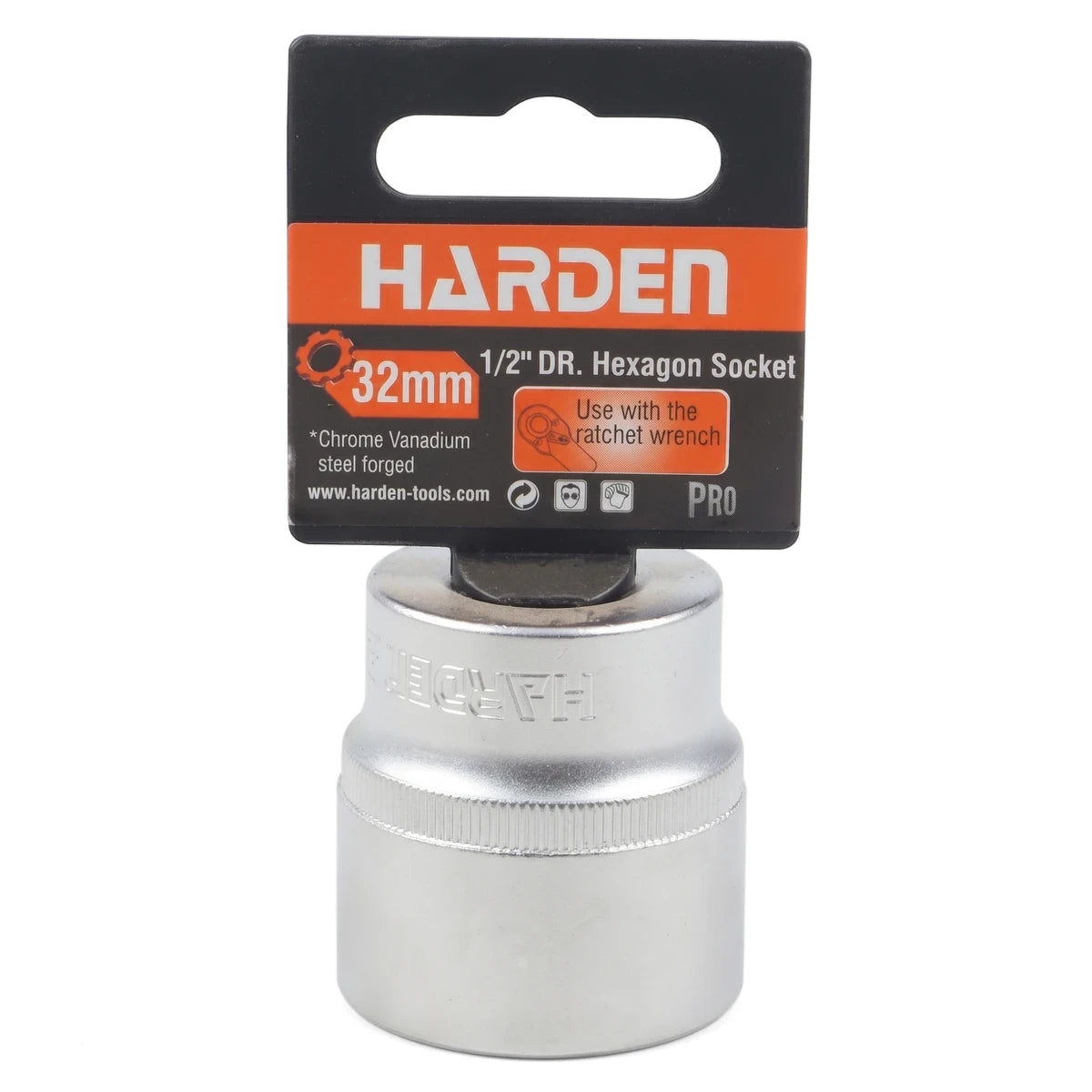 Harden 32mm 1/2-inch drive 6-point hex socket, made from chrome vanadium steel, shown with its packaging on a white