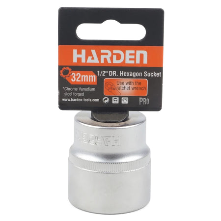 Harden 32mm 1/2-inch drive 6-point hex socket, made from chrome vanadium steel, shown with its packaging on a white