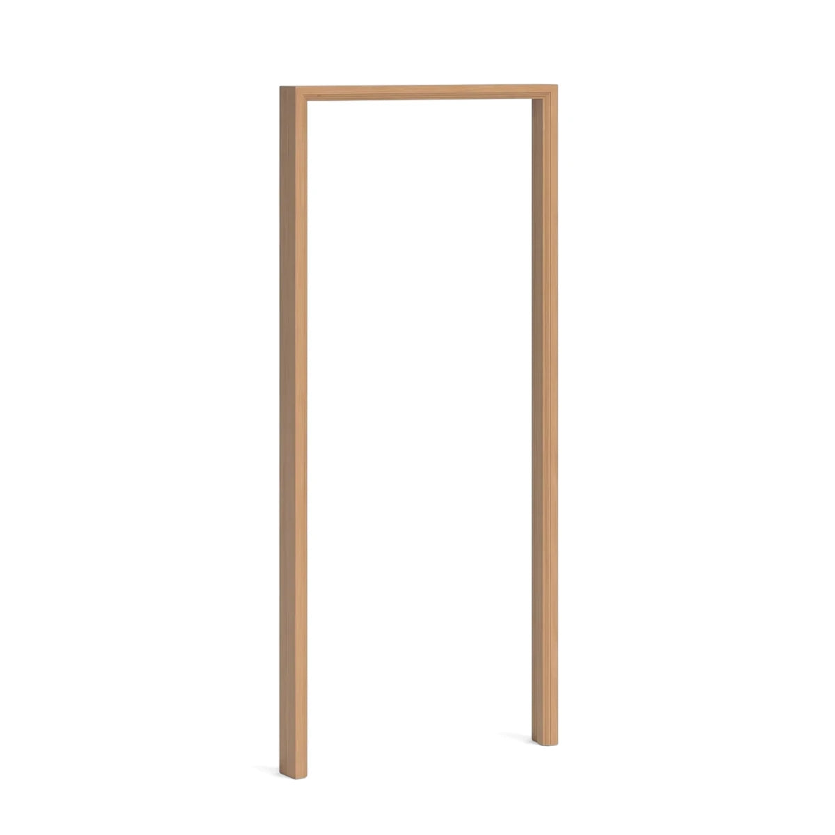Simple light brown hardwood door frame, designed for interior use, shown upright and uninstalled against a white background.