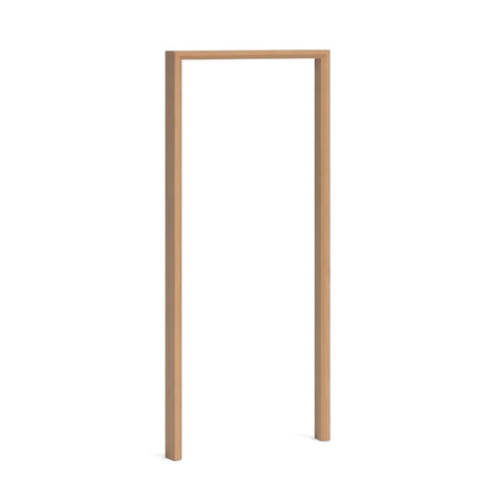 Simple light brown hardwood door frame, designed for interior use, shown upright and uninstalled against a white background.
