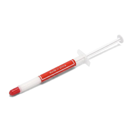 White and red heat paste applicator for SSR heat sinks, featuring a red cap and a label reading 'Made in China'.