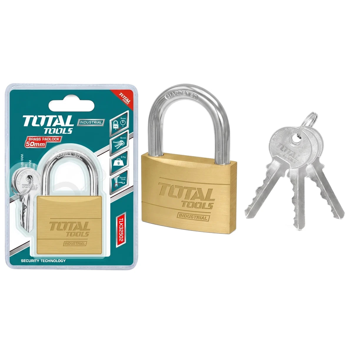 Heavy Duty 50mm Brass Padlock by TOTAL TOOLS, shown with packaging, a loose padlock, and three accompanying keys.