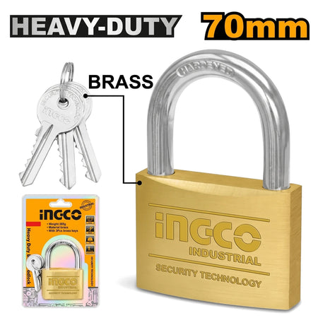Heavy-duty 70mm brass padlock with three keys and product packaging, shown from a front-angle perspective.
